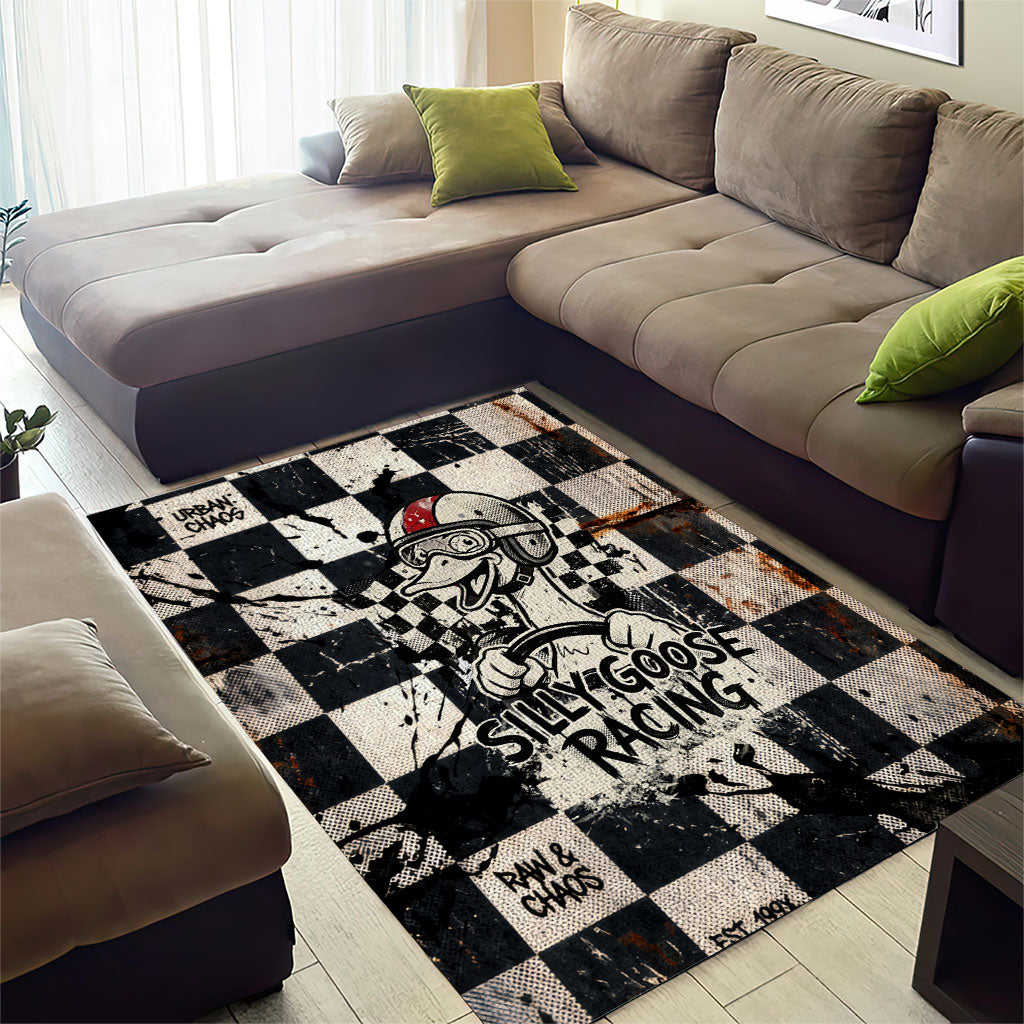 Silly Goose Racing Motorsport Area Rug Vintage Distressed Checkered Flag - Cartoon Race Car