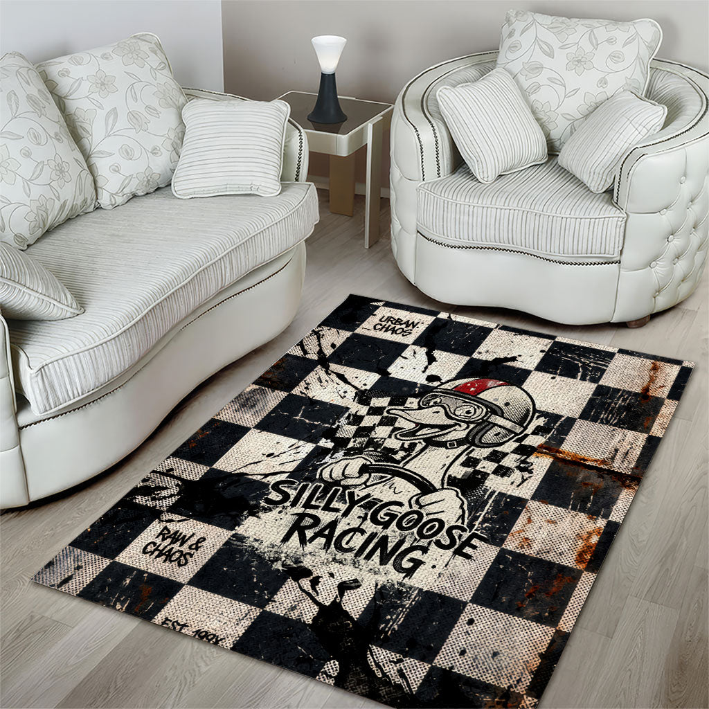 Silly Goose Racing Motorsport Area Rug Vintage Distressed Checkered Flag - Cartoon Race Car