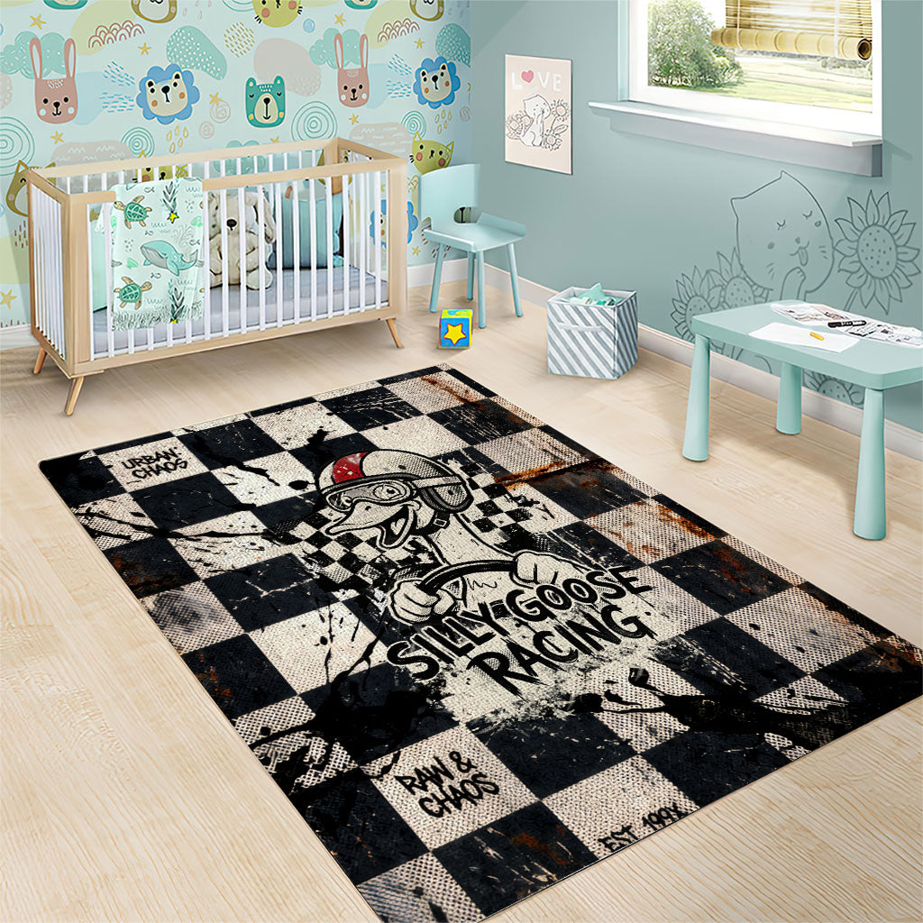 Silly Goose Racing Motorsport Area Rug Vintage Distressed Checkered Flag - Cartoon Race Car