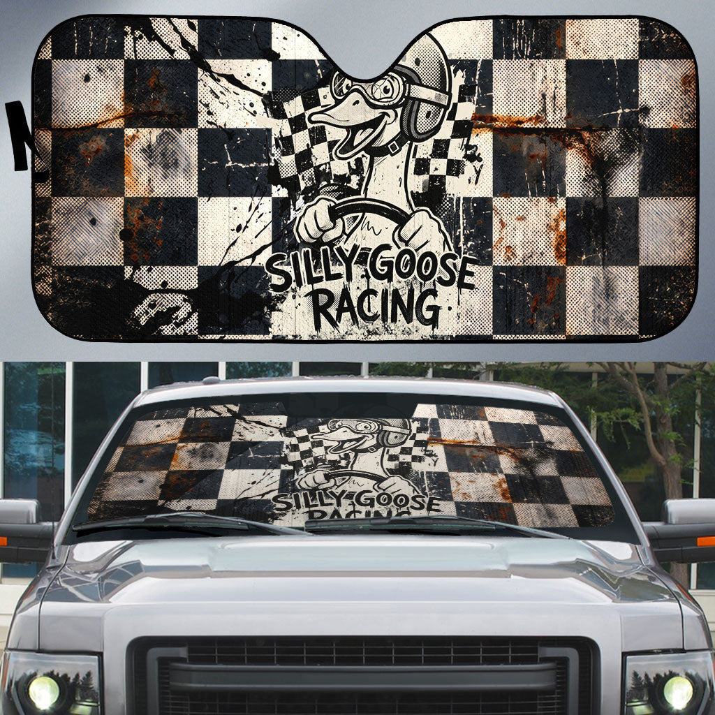 Silly Goose Racing Motorsport Auto Sun Shade Vintage Distressed Checkered Flag - Cartoon Race Car