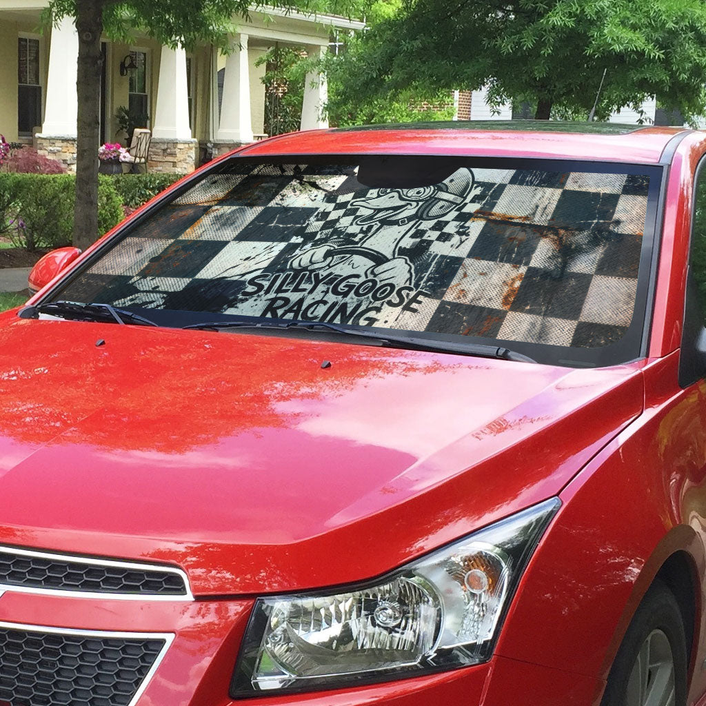 Silly Goose Racing Motorsport Auto Sun Shade Vintage Distressed Checkered Flag - Cartoon Race Car