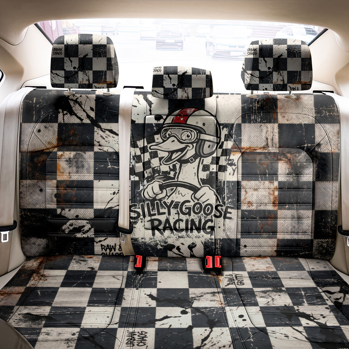Silly Goose Racing Motorsport Back Car Seat Cover Vintage Distressed Checkered Flag - Cartoon Race Car