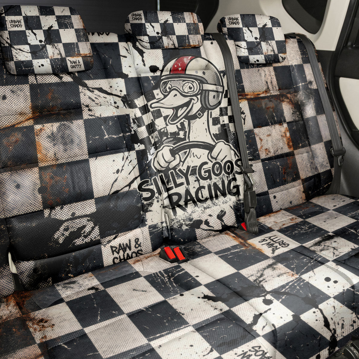 Silly Goose Racing Motorsport Back Car Seat Cover Vintage Distressed Checkered Flag - Cartoon Race Car