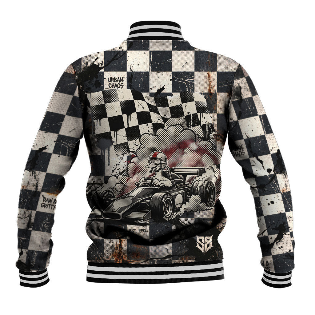 Silly Goose Racing Motorsport Baseball Jacket Vintage Distressed Checkered Flag - Cartoon Race Car