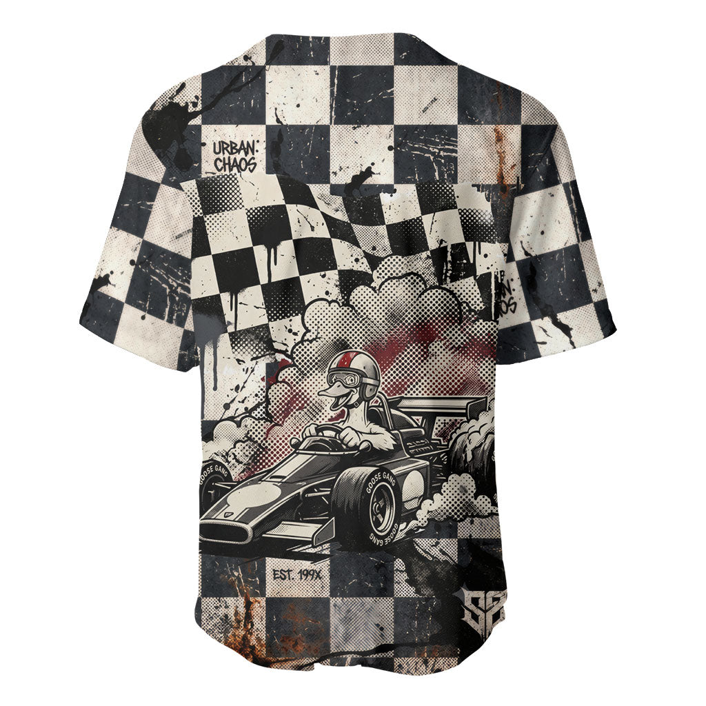 Silly Goose Racing Motorsport Baseball Jersey Vintage Distressed Checkered Flag - Cartoon Race Car