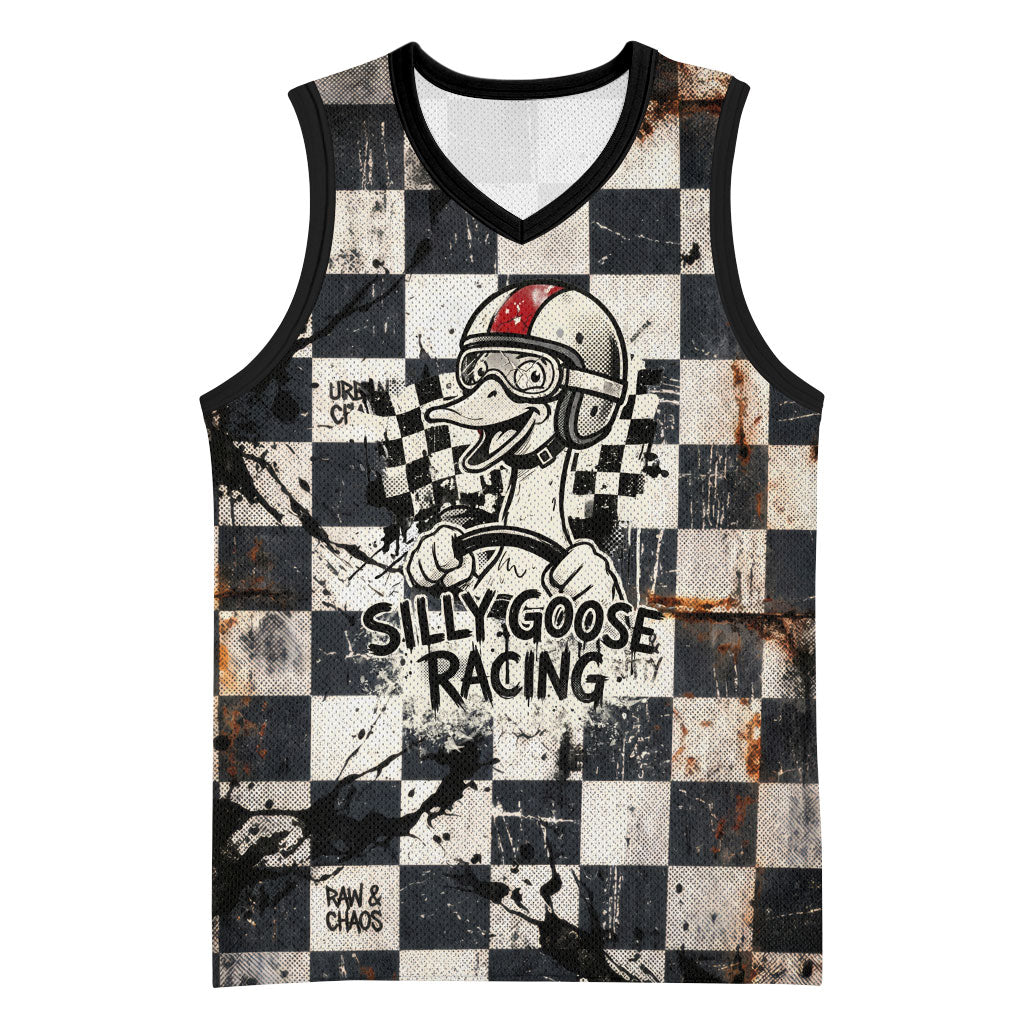 Silly Goose Racing Motorsport Basketball Jersey Vintage Distressed Checkered Flag - Cartoon Race Car