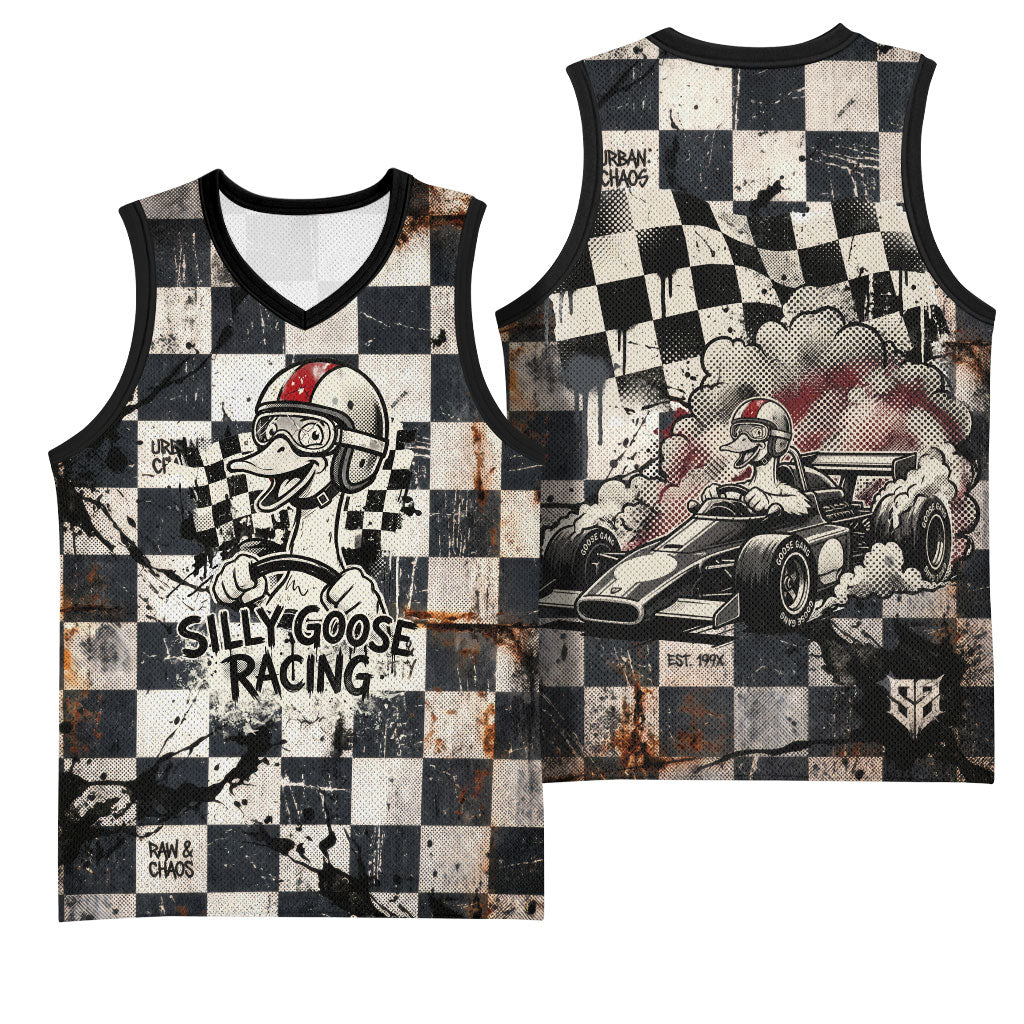 Silly Goose Racing Motorsport Basketball Jersey Vintage Distressed Checkered Flag - Cartoon Race Car