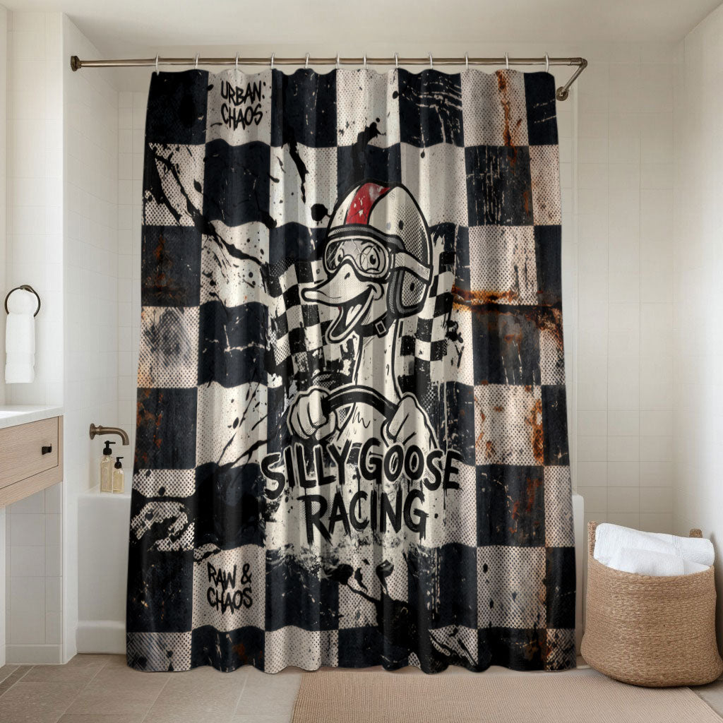Silly Goose Racing Motorsport Bathroom Set Vintage Distressed Checkered Flag - Cartoon Race Car