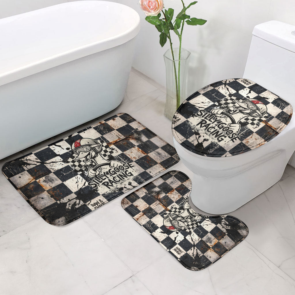 Silly Goose Racing Motorsport Bathroom Set Vintage Distressed Checkered Flag - Cartoon Race Car