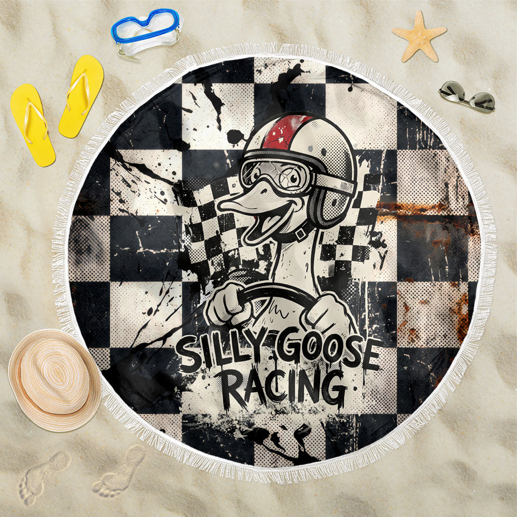 Silly Goose Racing Motorsport Beach Blanket Vintage Distressed Checkered Flag - Cartoon Race Car