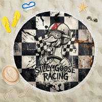 Silly Goose Racing Motorsport Beach Blanket Vintage Distressed Checkered Flag - Cartoon Race Car