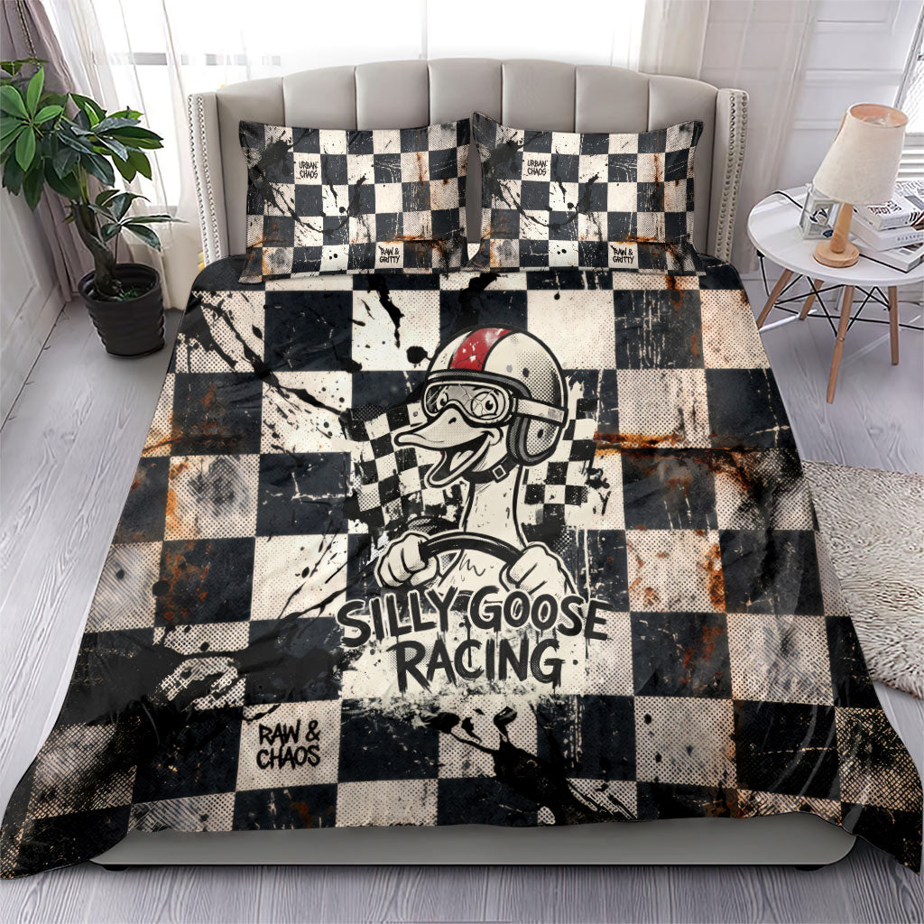 Silly Goose Racing Motorsport Bedding Set Vintage Distressed Checkered Flag - Cartoon Race Car