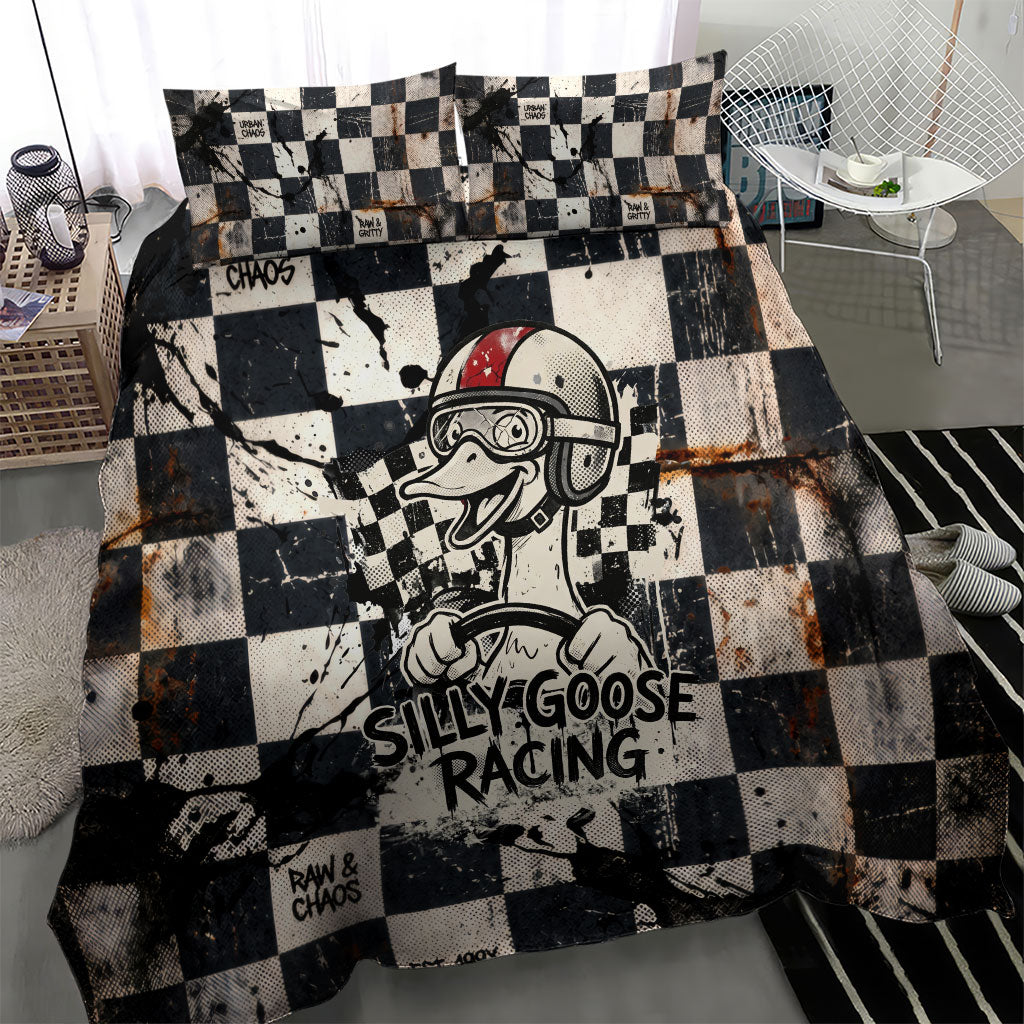 Silly Goose Racing Motorsport Bedding Set Vintage Distressed Checkered Flag - Cartoon Race Car