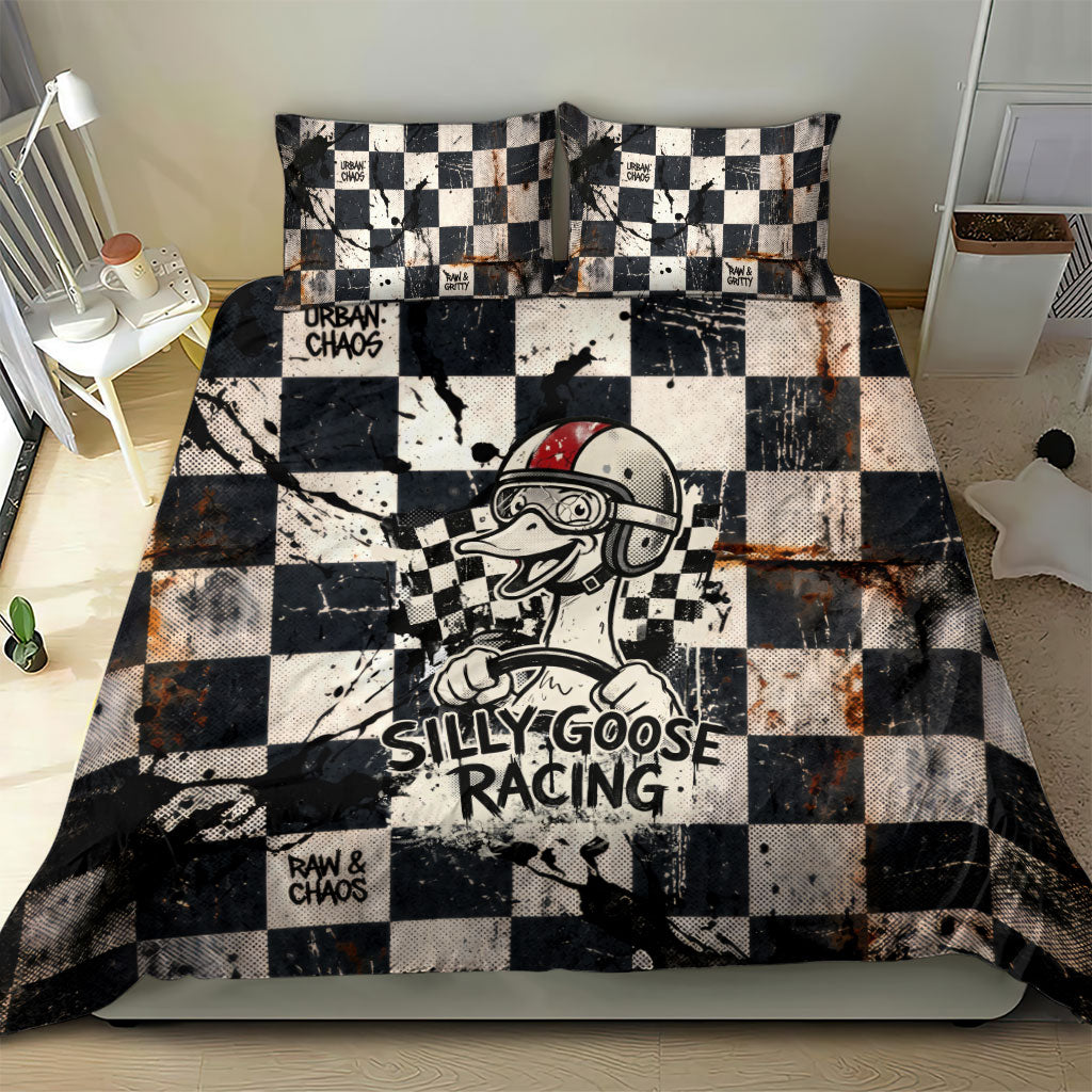 Silly Goose Racing Motorsport Bedding Set Vintage Distressed Checkered Flag - Cartoon Race Car
