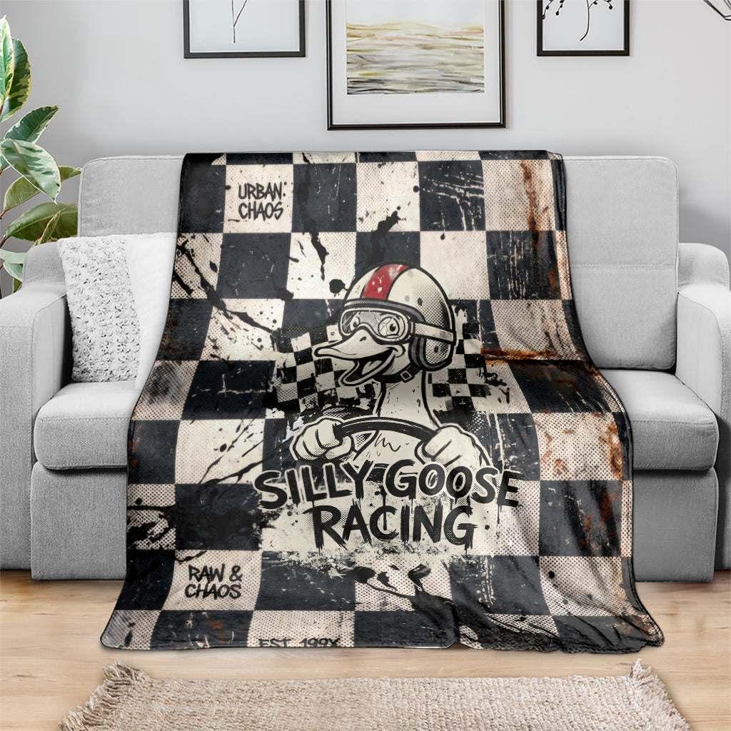 Silly Goose Racing Motorsport Blanket Vintage Distressed Checkered Flag - Cartoon Race Car