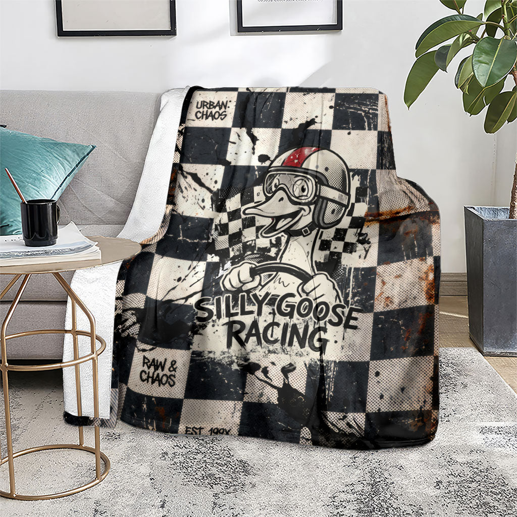 Silly Goose Racing Motorsport Blanket Vintage Distressed Checkered Flag - Cartoon Race Car