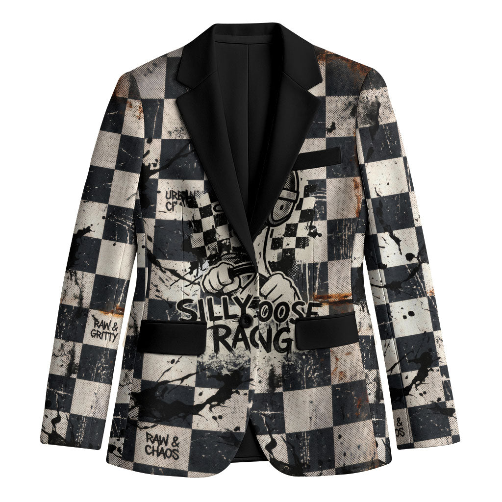 Silly Goose Racing Motorsport Blazer Vintage Distressed Checkered Flag - Cartoon Race Car