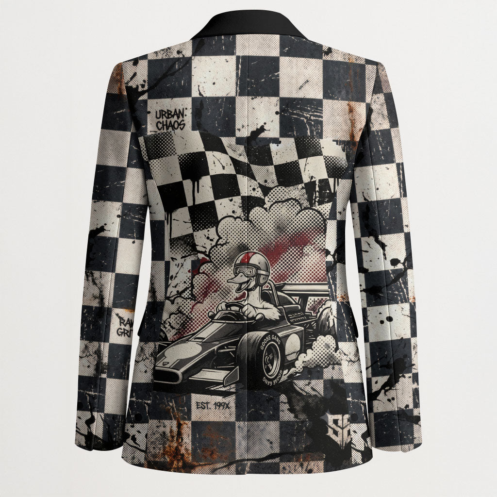 Silly Goose Racing Motorsport Blazer Vintage Distressed Checkered Flag - Cartoon Race Car