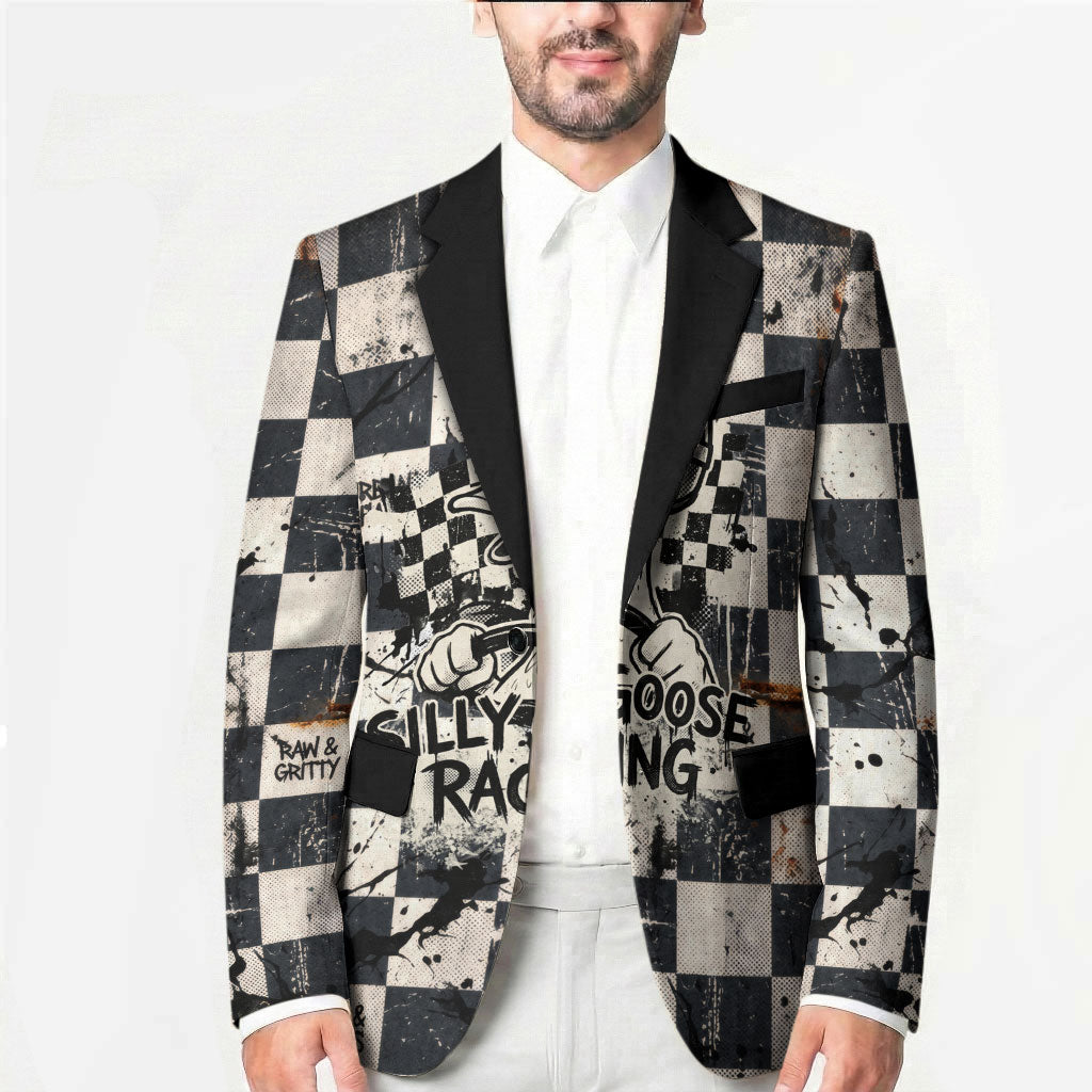Silly Goose Racing Motorsport Blazer Vintage Distressed Checkered Flag - Cartoon Race Car