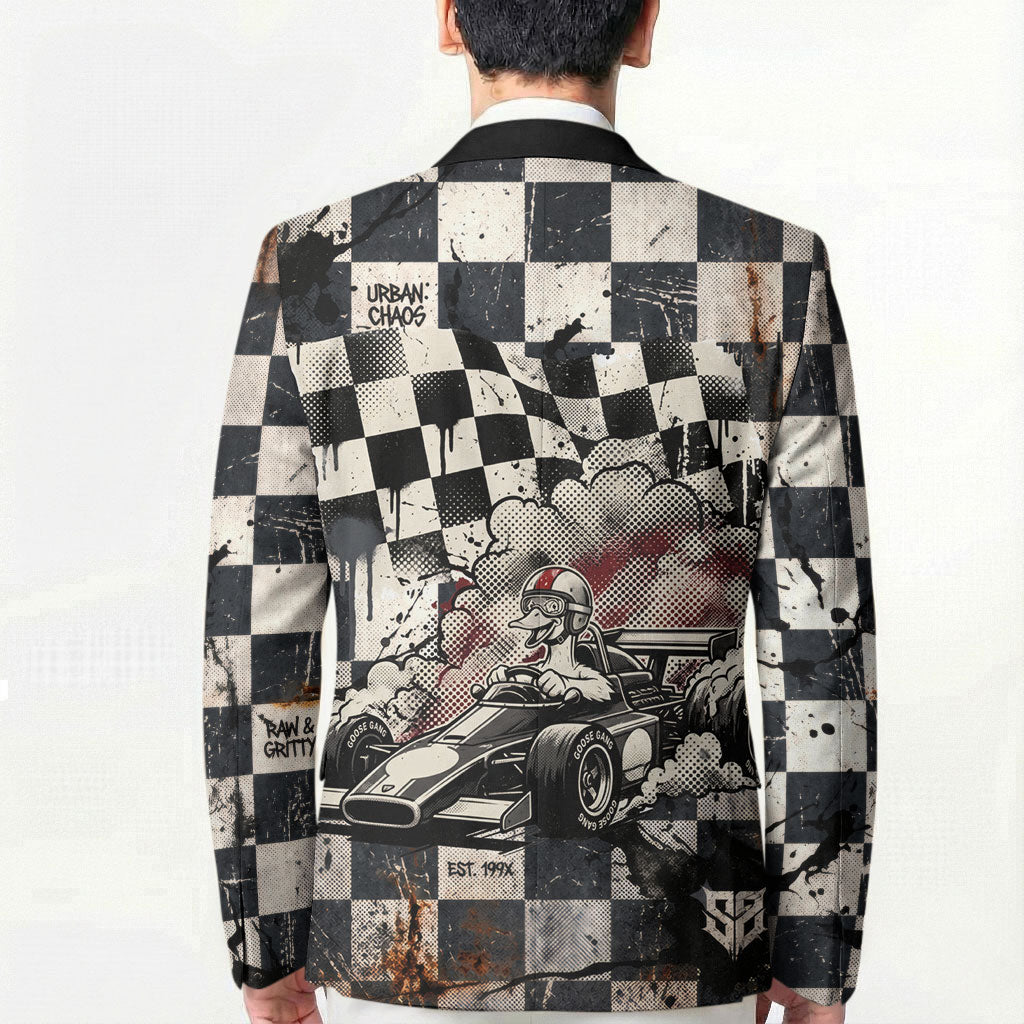 Silly Goose Racing Motorsport Blazer Vintage Distressed Checkered Flag - Cartoon Race Car