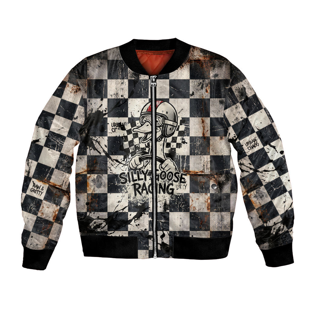 Silly Goose Racing Motorsport Bomber Jacket Vintage Distressed Checkered Flag - Cartoon Race Car