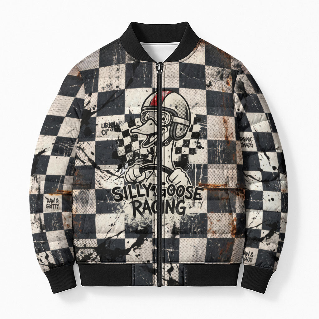 Silly Goose Racing Motorsport Bomber Puffer Jacket Vintage Distressed Checkered Flag - Cartoon Race Car