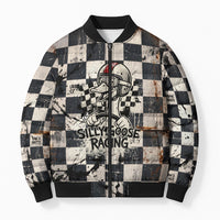 Silly Goose Racing Motorsport Bomber Puffer Jacket Vintage Distressed Checkered Flag - Cartoon Race Car