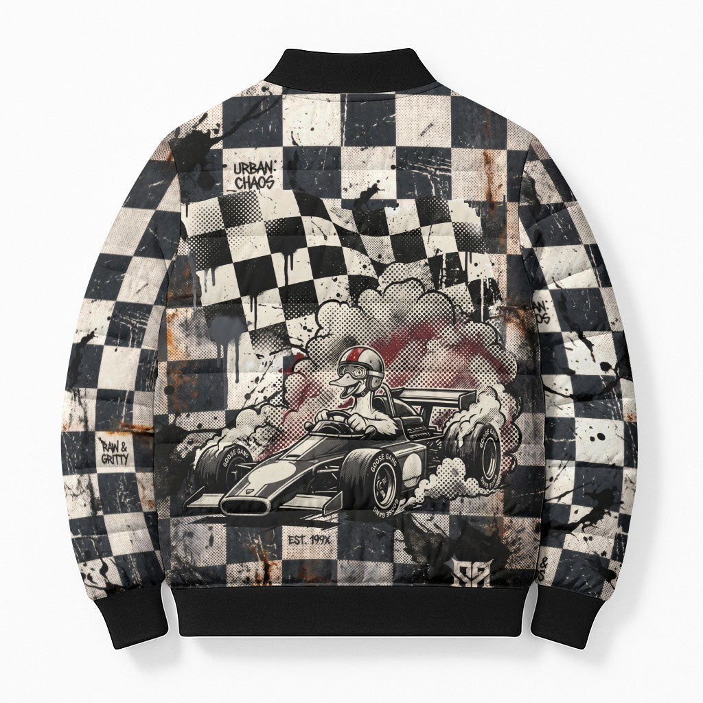 Silly Goose Racing Motorsport Bomber Puffer Jacket Vintage Distressed Checkered Flag - Cartoon Race Car