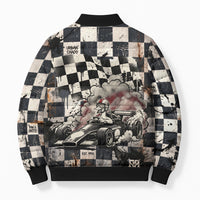 Silly Goose Racing Motorsport Bomber Puffer Jacket Vintage Distressed Checkered Flag - Cartoon Race Car