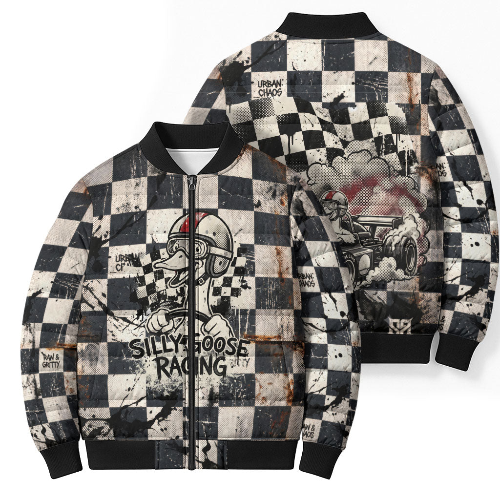 Silly Goose Racing Motorsport Bomber Puffer Jacket Vintage Distressed Checkered Flag - Cartoon Race Car
