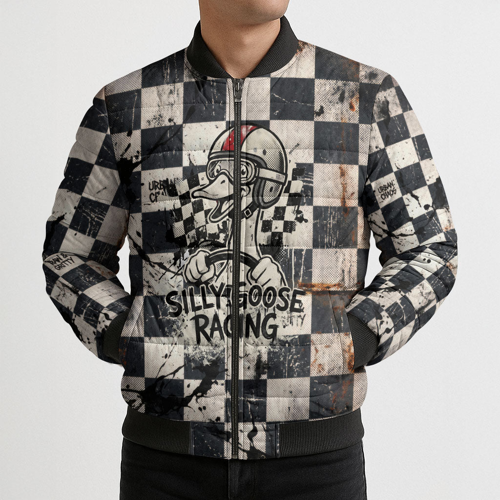 Silly Goose Racing Motorsport Bomber Puffer Jacket Vintage Distressed Checkered Flag - Cartoon Race Car