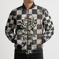 Silly Goose Racing Motorsport Bomber Puffer Jacket Vintage Distressed Checkered Flag - Cartoon Race Car