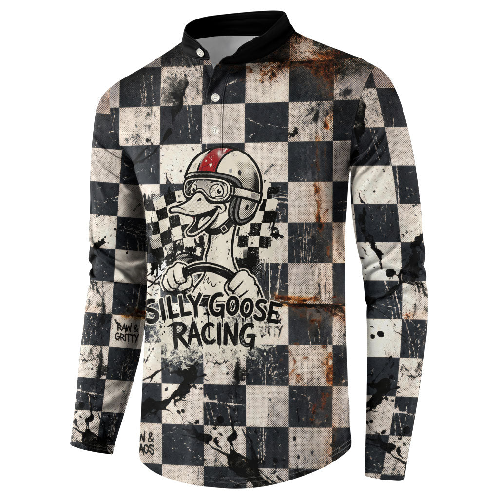 Silly Goose Racing Motorsport Button Sweatshirt Vintage Distressed Checkered Flag - Cartoon Race Car
