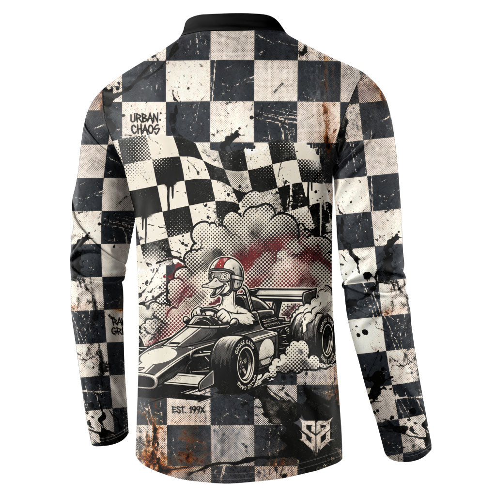 Silly Goose Racing Motorsport Button Sweatshirt Vintage Distressed Checkered Flag - Cartoon Race Car
