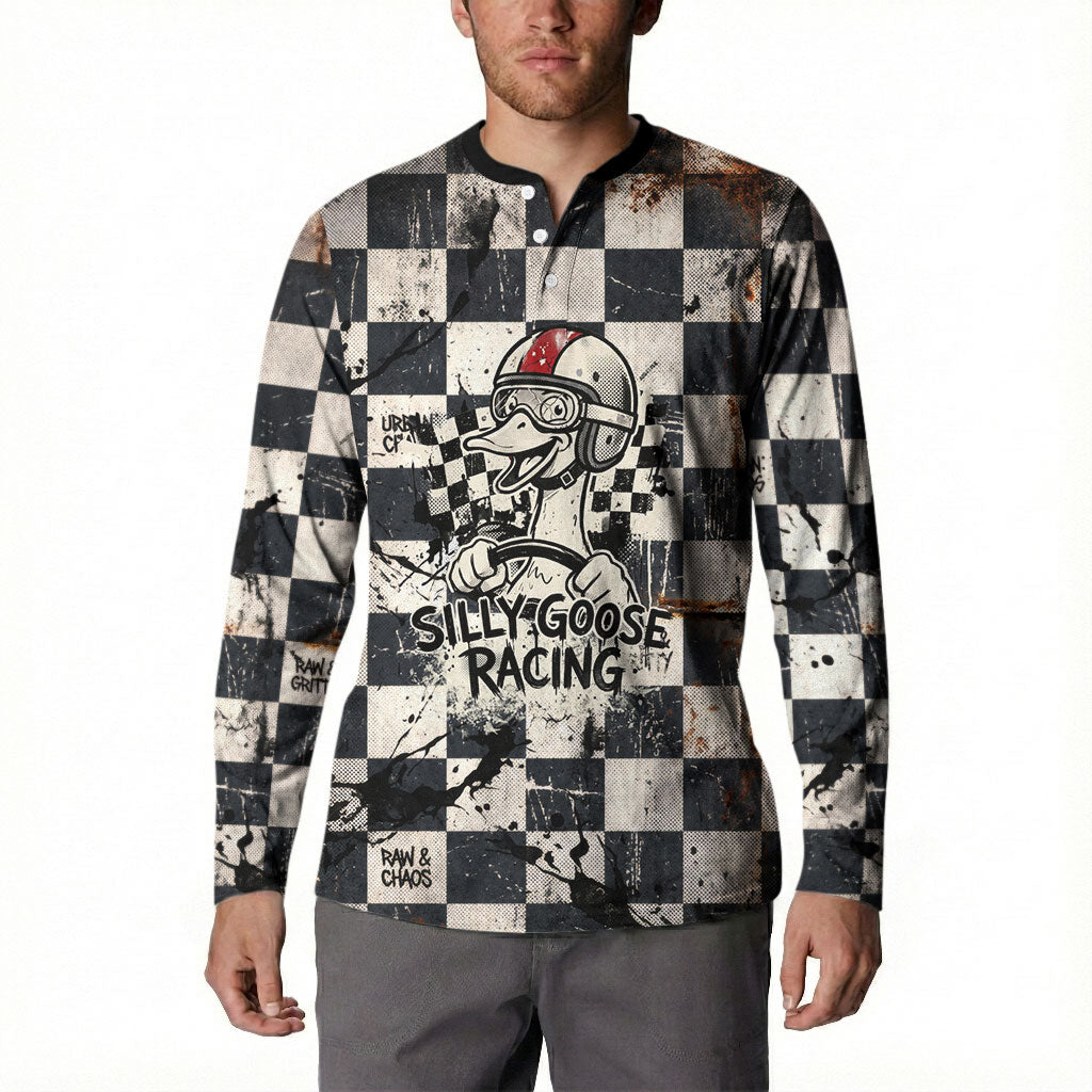 Silly Goose Racing Motorsport Button Sweatshirt Vintage Distressed Checkered Flag - Cartoon Race Car