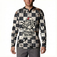 Silly Goose Racing Motorsport Button Sweatshirt Vintage Distressed Checkered Flag - Cartoon Race Car