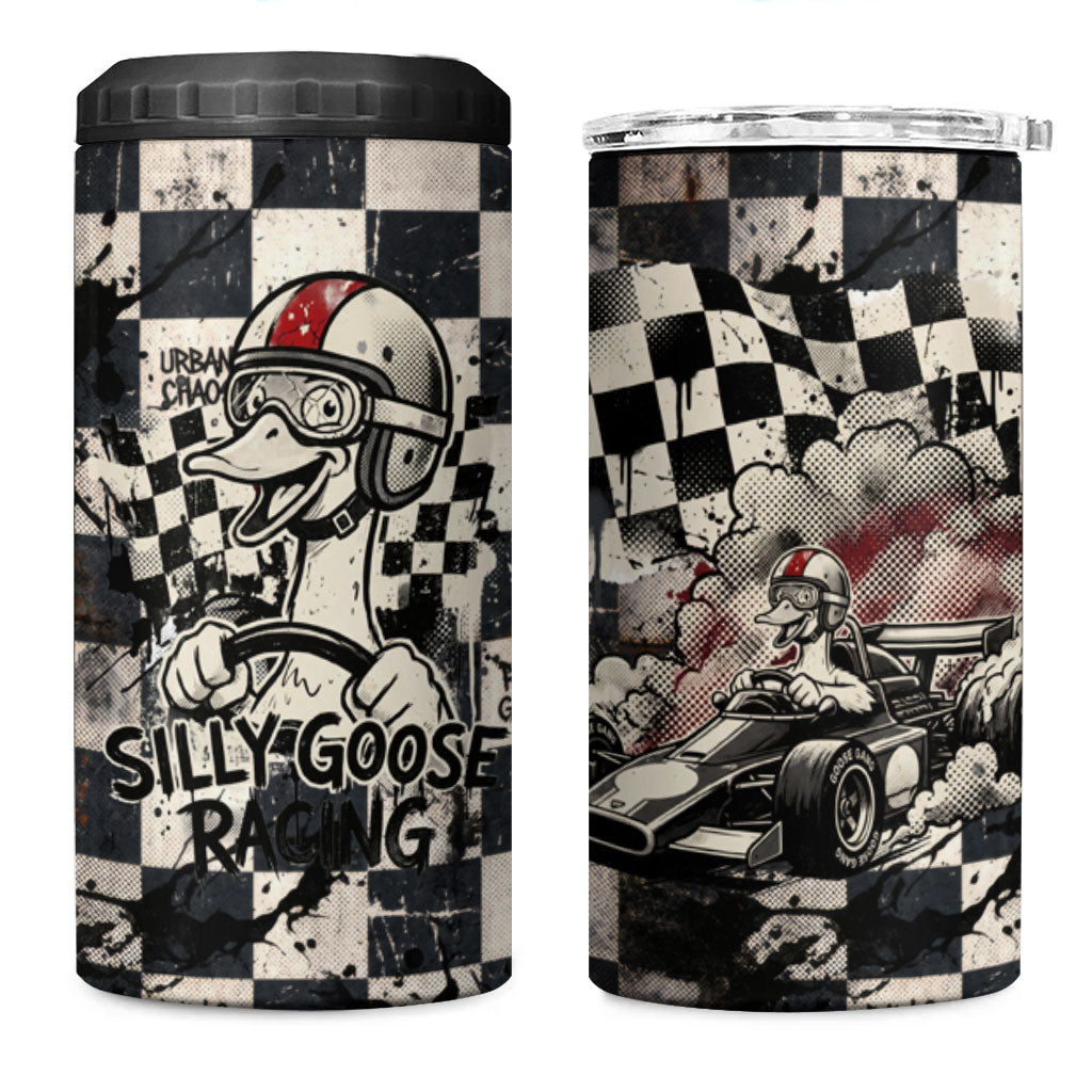 Silly Goose Racing Motorsport 4 in 1 Can Cooler Tumbler Vintage Distressed Checkered Flag - Cartoon Race Car