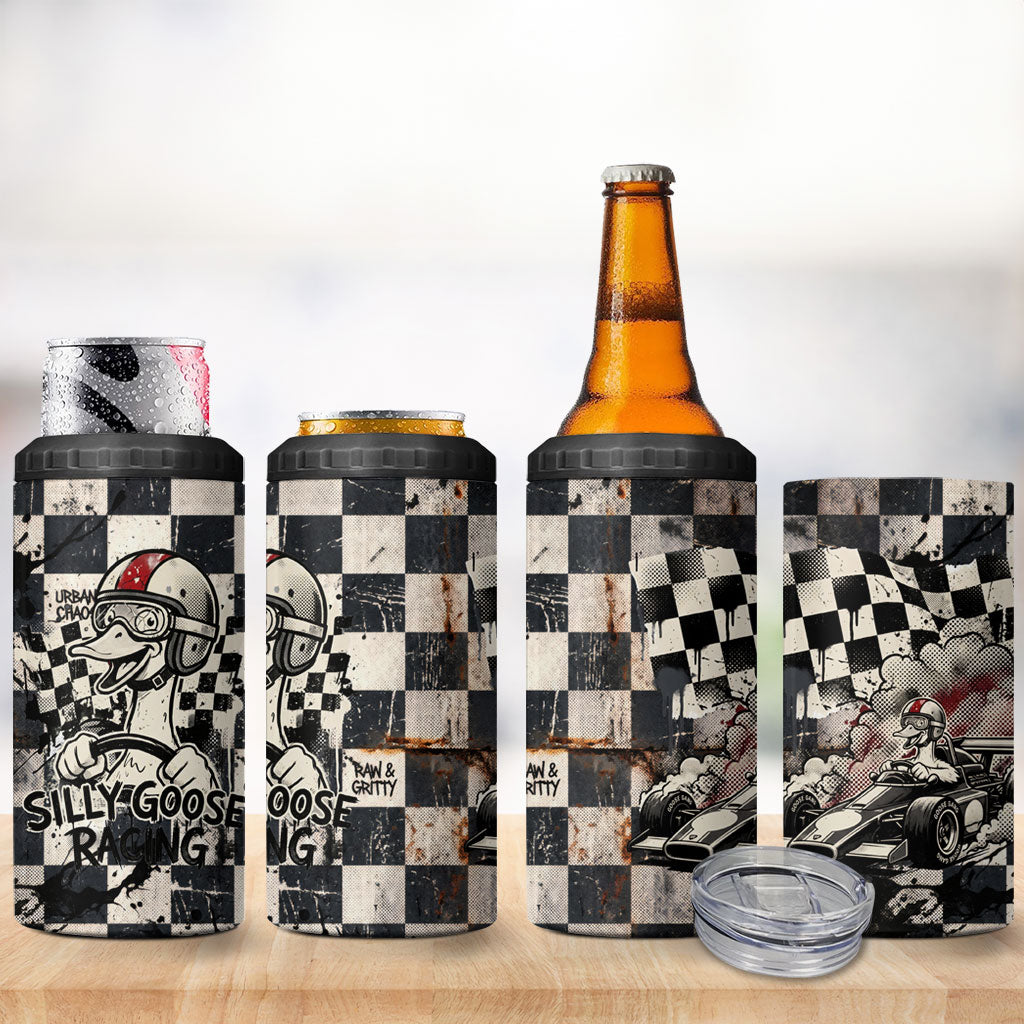 Silly Goose Racing Motorsport 4 in 1 Can Cooler Tumbler Vintage Distressed Checkered Flag - Cartoon Race Car