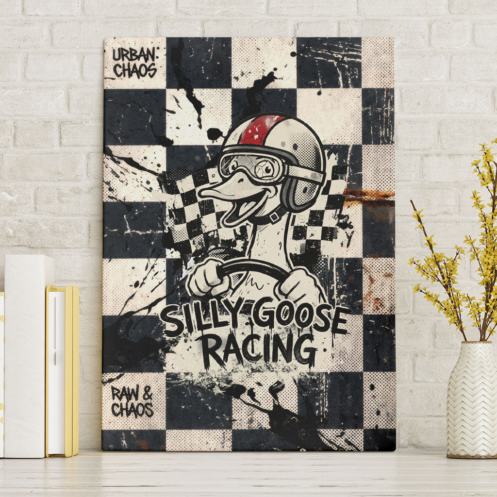 Silly Goose Racing Motorsport Canvas Wall Art Vintage Distressed Checkered Flag - Cartoon Race Car