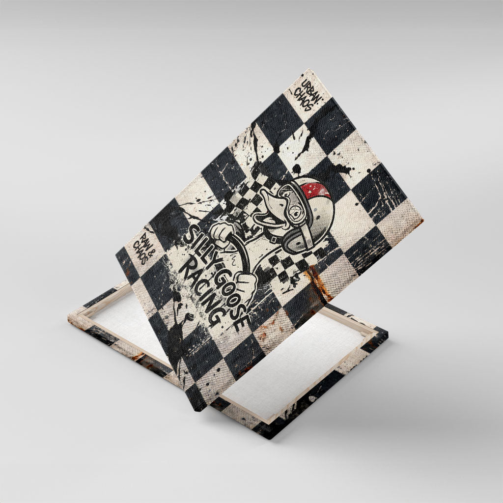 Silly Goose Racing Motorsport Canvas Wall Art Vintage Distressed Checkered Flag - Cartoon Race Car