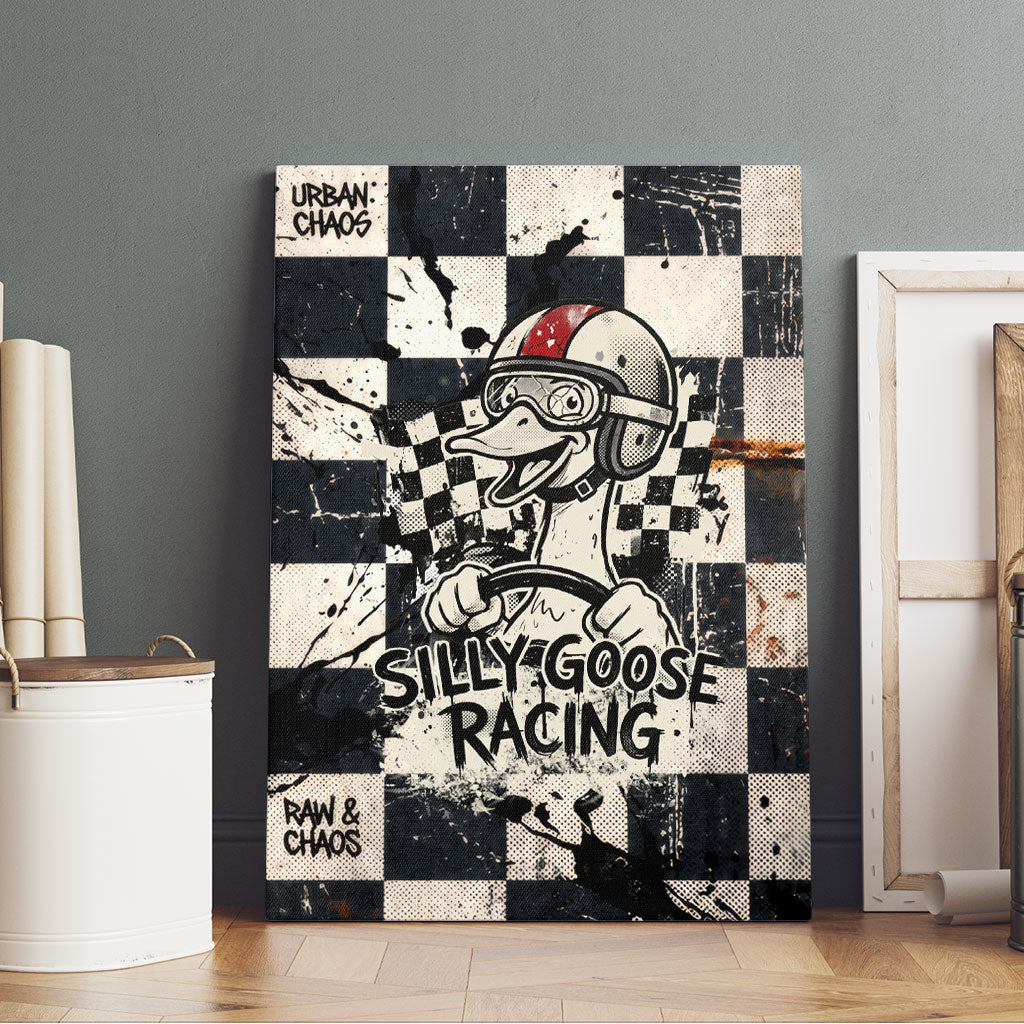 Silly Goose Racing Motorsport Canvas Wall Art Vintage Distressed Checkered Flag - Cartoon Race Car