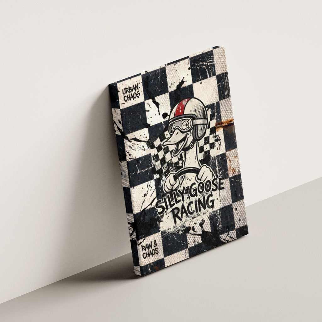 Silly Goose Racing Motorsport Canvas Wall Art Vintage Distressed Checkered Flag - Cartoon Race Car