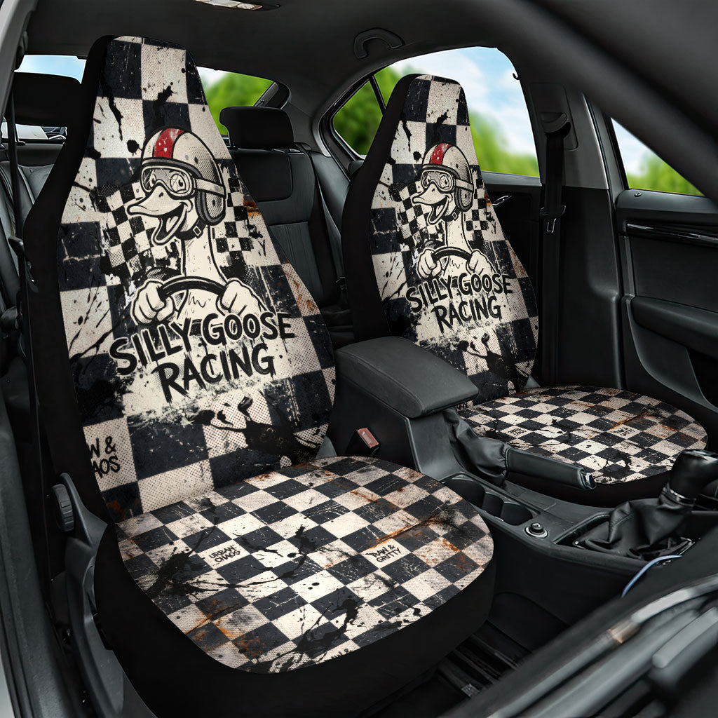 Silly Goose Racing Motorsport Car Seat Cover Vintage Distressed Checkered Flag - Cartoon Race Car