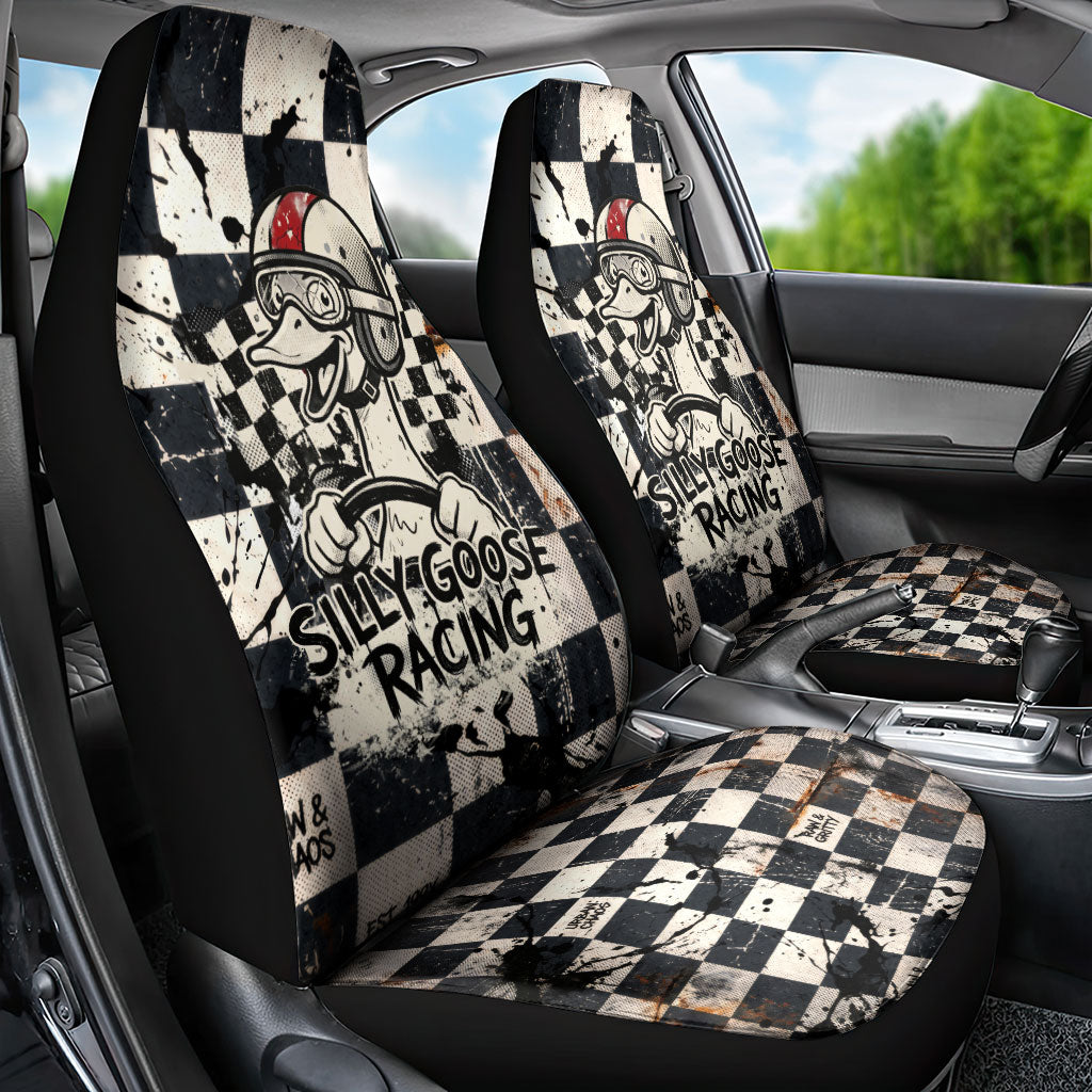 Silly Goose Racing Motorsport Car Seat Cover Vintage Distressed Checkered Flag - Cartoon Race Car