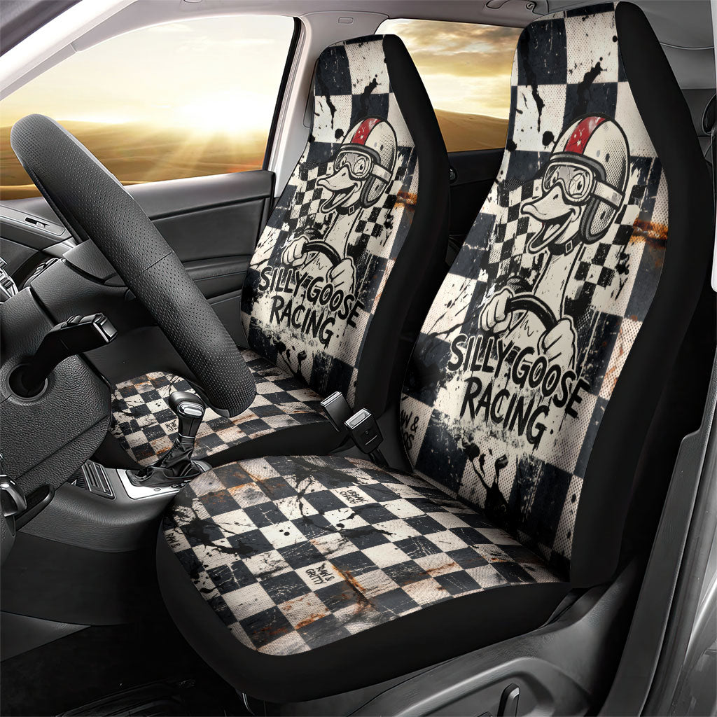 Silly Goose Racing Motorsport Car Seat Cover Vintage Distressed Checkered Flag - Cartoon Race Car