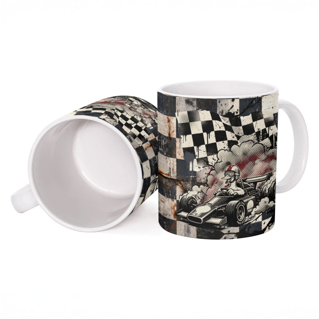 Silly Goose Racing Motorsport Ceramic Mug Vintage Distressed Checkered Flag - Cartoon Race Car