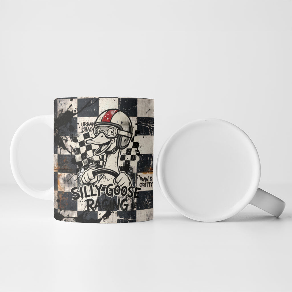 Silly Goose Racing Motorsport Ceramic Mug Vintage Distressed Checkered Flag - Cartoon Race Car