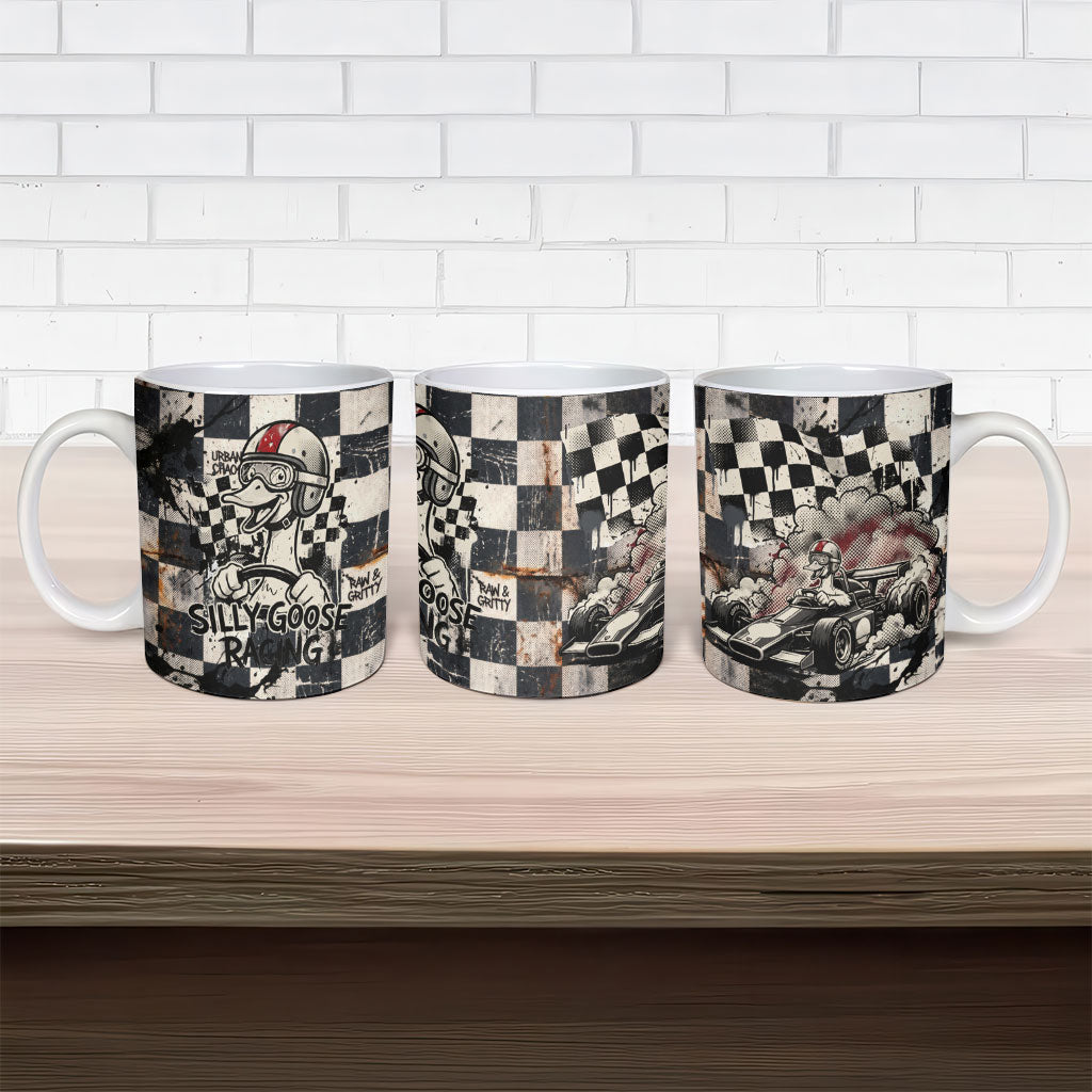 Silly Goose Racing Motorsport Ceramic Mug Vintage Distressed Checkered Flag - Cartoon Race Car