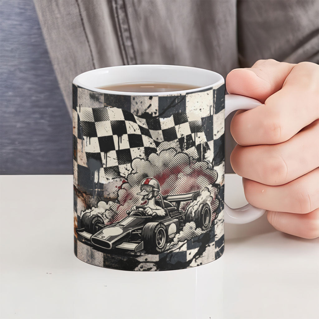 Silly Goose Racing Motorsport Ceramic Mug Vintage Distressed Checkered Flag - Cartoon Race Car