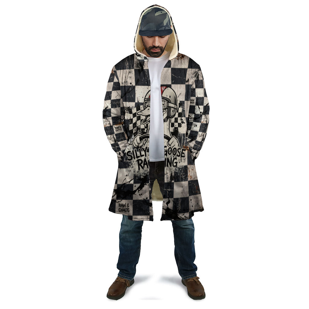 Silly Goose Racing Motorsport Cloak Vintage Distressed Checkered Flag - Cartoon Race Car